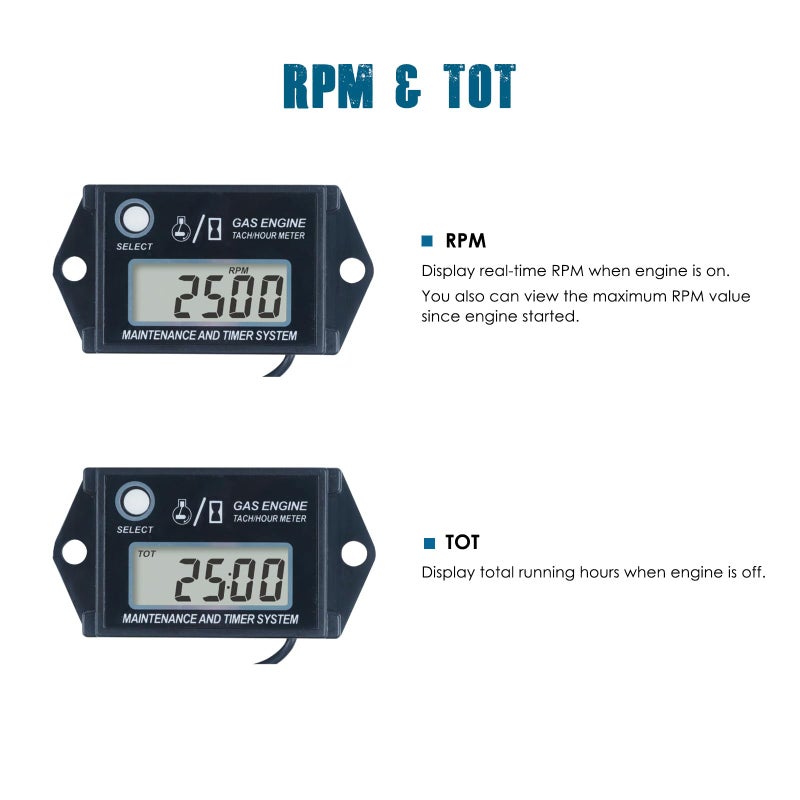 Runleader Digital Hour Meter Tachometer, Maintenance Reminder, Max RPM Recall, Use for ZTR Lawn Mower Tractor Generator Marine Outboard ATV Jetski Motor Motorcycle Snowmobile and Gas Powered - Image 2
